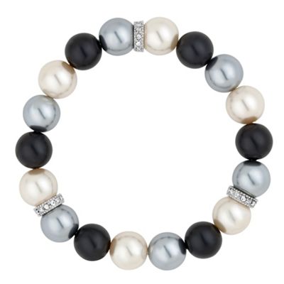 Graduated triple tone pearl and crystal silver disc stretch bracelet